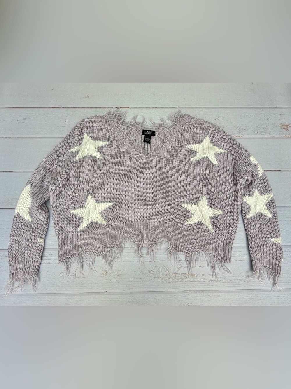 Just Polly Star Sweater Size S Gray Cream Distressed Cropped Chunky Knit Y2K